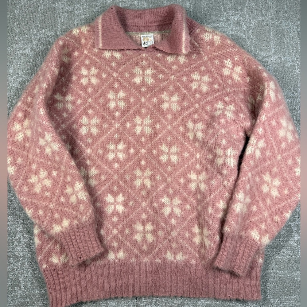 Vintage Ice Knit Made in Iceland Wool Snowflake Pink Sweater Size Small
